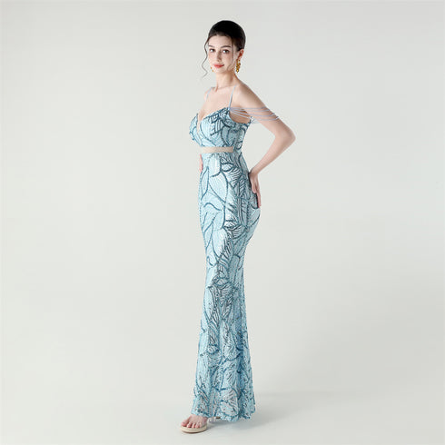 Graceful Sequin Embellished Mesh Mermaid Maxi Dress